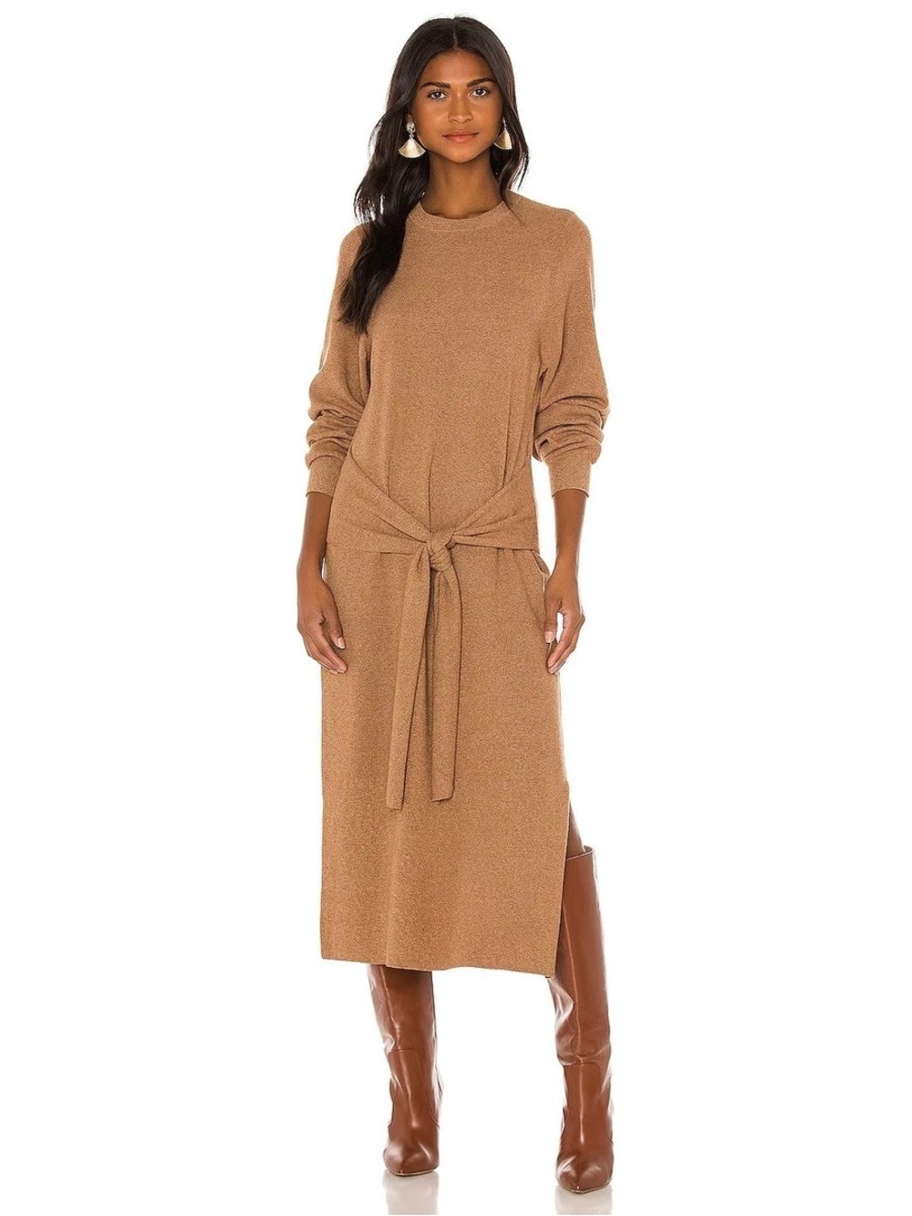 rag & bone Camel Tie-Waist Midi Sweater Dress
